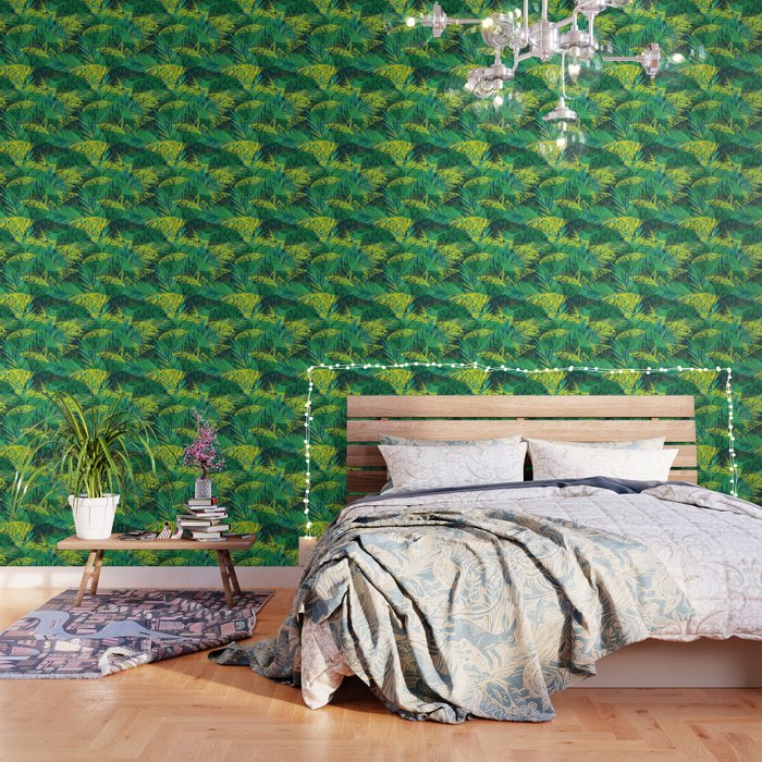 EXOTIC TROPICAL GREEN PALM CLUSTER PATTERN Wallpaper