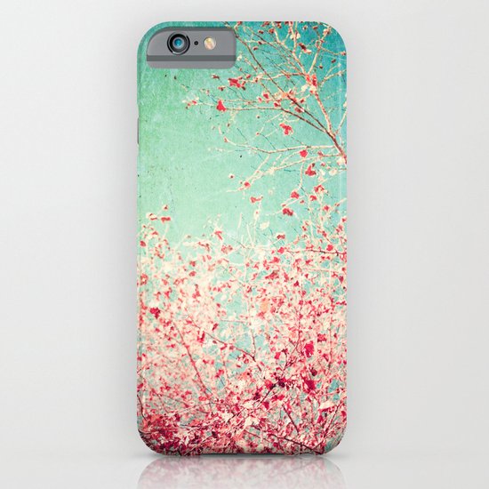 Blue Autumn, Pink leafs on blue, turquoise, green, aqua sky iPhone & iPod Case