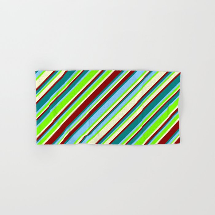 Light Sky Blue, Green, Light Yellow, Dark Red, and Teal Colored Lined/Striped Pattern Hand & Bath Towel
