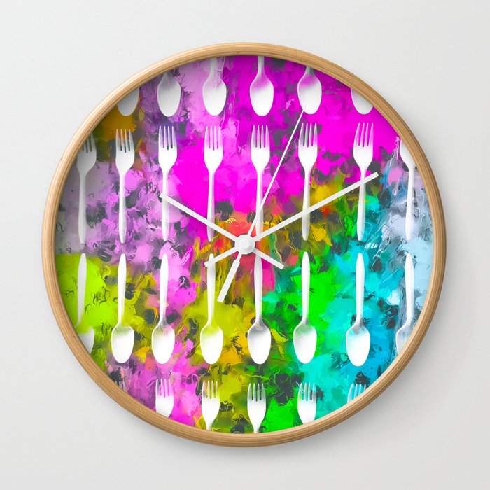 fork and spoon pattern with colorful painting abstract background Wall Clock