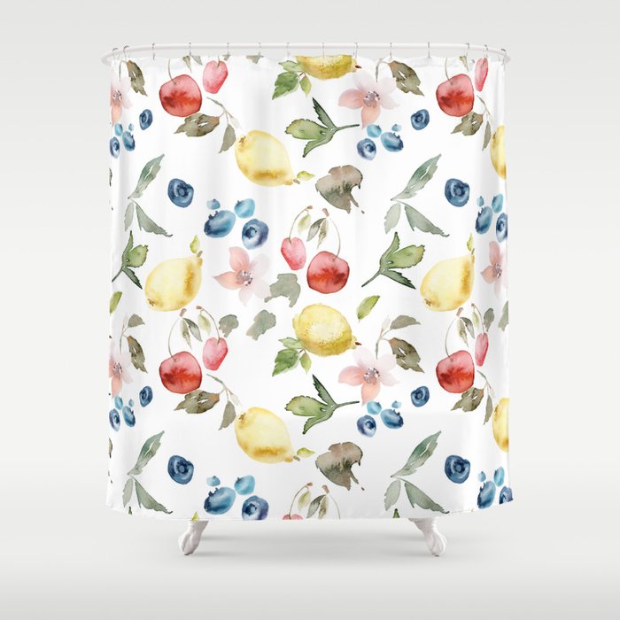 Lemon Berries and Cherries Watercolor Pattern Shower Curtain