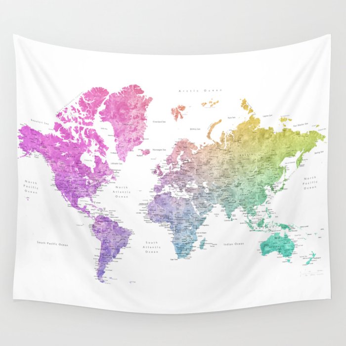 Rainbow watercolor world map with cities 