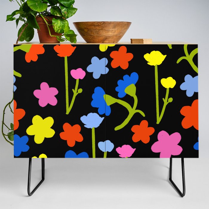Cheerful 80‘s Bright Flowers On Black Credenza
