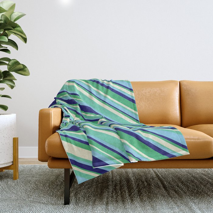 Eyecatching Aquamarine, Sky Blue, Midnight Blue, Sea Green & Beige Colored Striped/Lined Pattern Throw Blanket