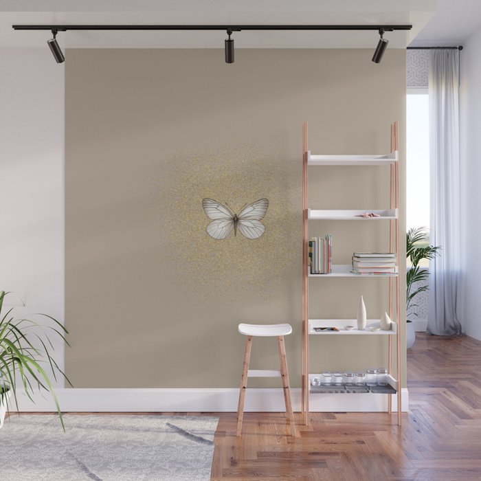 Hand-Drawn Butterfly and Golden Fairy Dust on Nude Beige Wall Mural