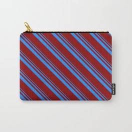 [ Thumbnail: Blue and Dark Red Colored Stripes Pattern Carry-All Pouch ]