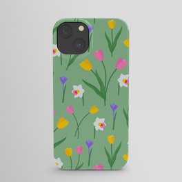 Colorful spring flowers on sage green pattern iPhone Case