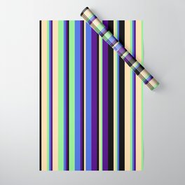 [ Thumbnail: Eye-catching Indigo, Royal Blue, Light Green, Tan & Black Colored Stripes Pattern Wrapping Paper ]