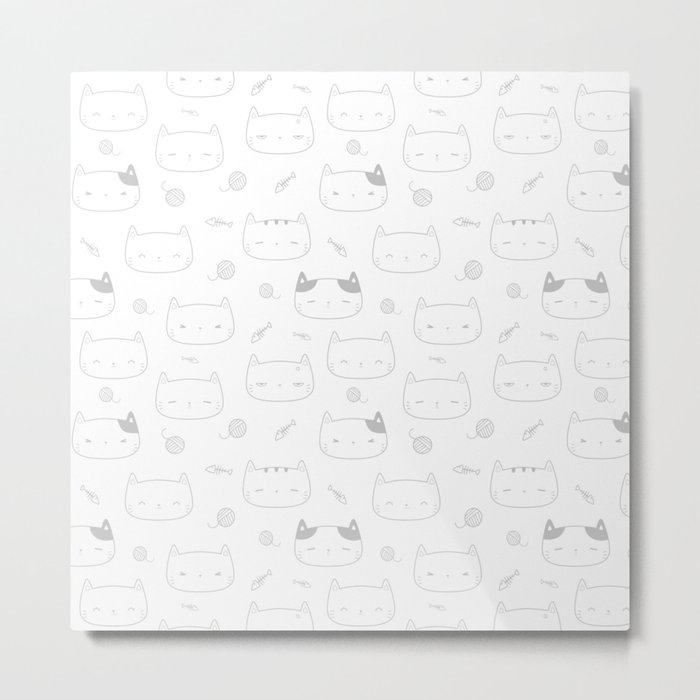 Light Grey Doodle Kitten Faces Pattern Metal Print