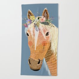 Horse with flower crown Beach Towel