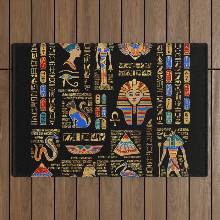 Egyptian hieroglyphs and deities on black Outdoor Rug