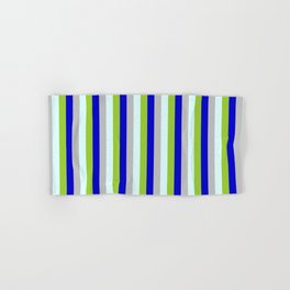 [ Thumbnail: Blue, Green, Light Cyan, and Grey Colored Pattern of Stripes Hand & Bath Towel ]