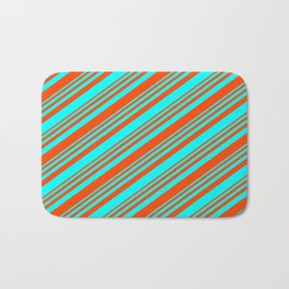 [ Thumbnail: Red & Cyan Colored Lined/Striped Pattern Bath Mat ]