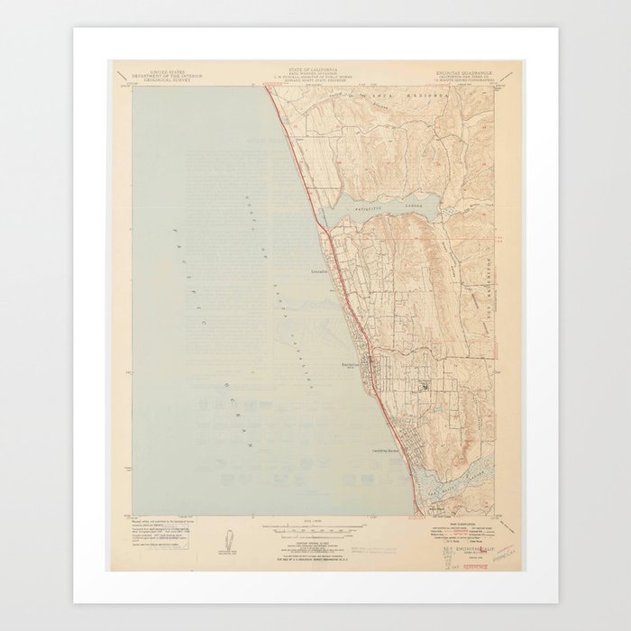 Encinitas, CA from 1949 Vintage Map - High Quality Art Print