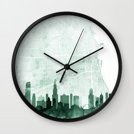 Chicago Skyline & Map Watercolor Sage Green, Print by Zouzounio Art Wall Clock
