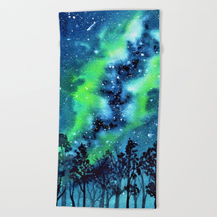 Green And Blue Galaxy Watercolor Painting Beach Towel By
