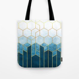 Cerulean Blue + Golden Hexagons Abstract Design Tote Bag