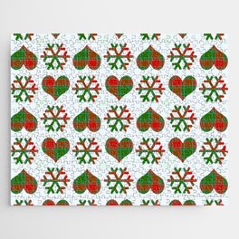  Christmas Winter Red Green Plaid Check Pattern Snowflakes And Heart Jigsaw Puzzle