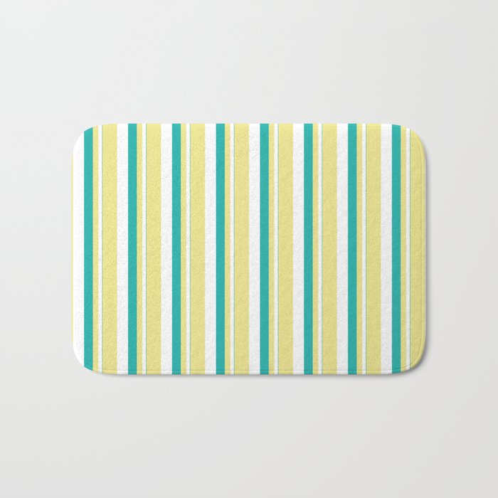 Light Sea Green, White, and Tan Colored Stripes/Lines Pattern Bath Mat