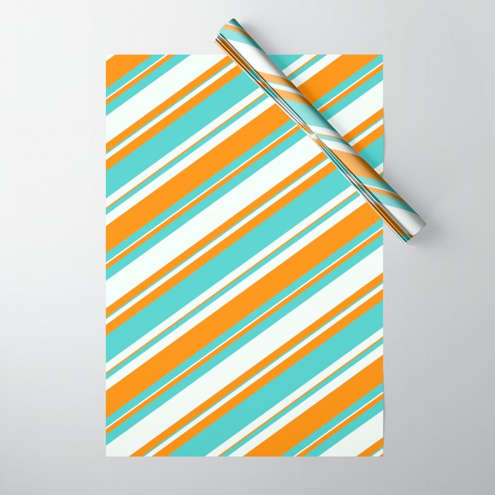 Mint Cream, Dark Orange & Turquoise Colored Lined/Striped Pattern Wrapping Paper
