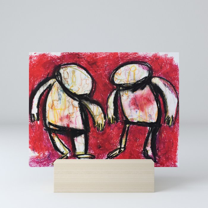 Drawing of a couple in red background Mini Art Print