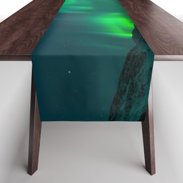 Norway Photography - Green Northern Lights Over The Mountain Table Runner