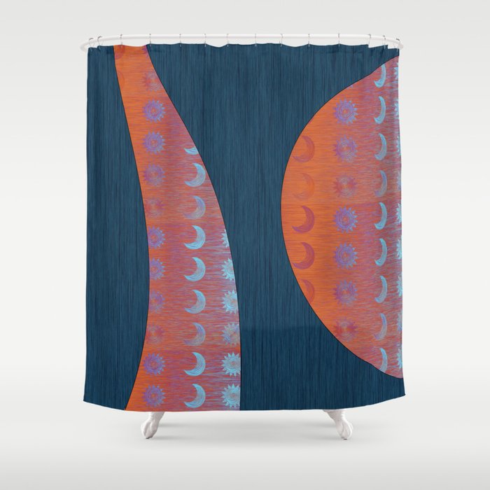 Digital Blue Denim and Glowing Orange Moon and Star Shower Curtain