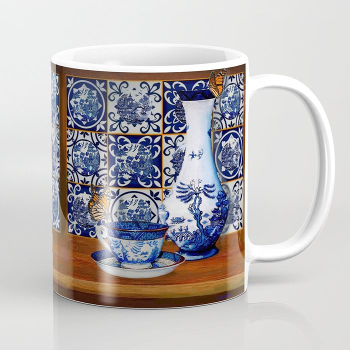 Blue and White China Travel Coffee Mug Insulated Hand Painted Porcelai -  Artistic Romantic