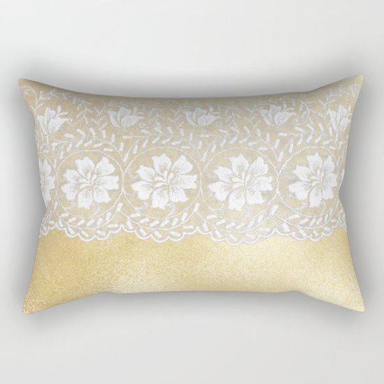 Bridal lace - White floral elegant lace on gold metal backround Rectangular Pillow