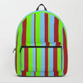 [ Thumbnail: Red, Light Sky Blue, and Chartreuse Colored Lined/Striped Pattern Backpack ]