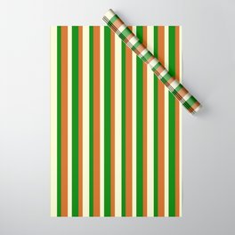 [ Thumbnail: Green, Chocolate, and Light Yellow Colored Striped Pattern Wrapping Paper ]