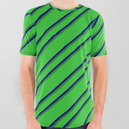 [ Thumbnail: Lime Green, Blue, and Forest Green Colored Lined Pattern All Over Graphic Tee ]