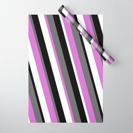 [ Thumbnail: Dim Gray, Orchid, White & Black Colored Stripes/Lines Pattern Wrapping Paper ]