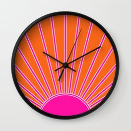 Sun Print Sunrise Orange And Hot Pink Sunshine Retro Sun Wall Art Vintage Boho Abstract Modern Decor Wall Clock