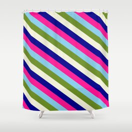 [ Thumbnail: Vibrant Sky Blue, Green, Beige, Dark Blue & Deep Pink Colored Striped/Lined Pattern Shower Curtain ]