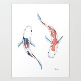 Yin Yang Koi Fish, Watercolor Painting Art Print