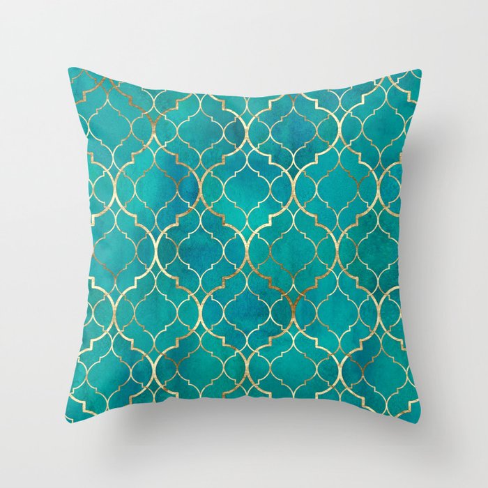 Teal Emerald Golden Moroccan Quatrefoil Pattern Throw Pillow