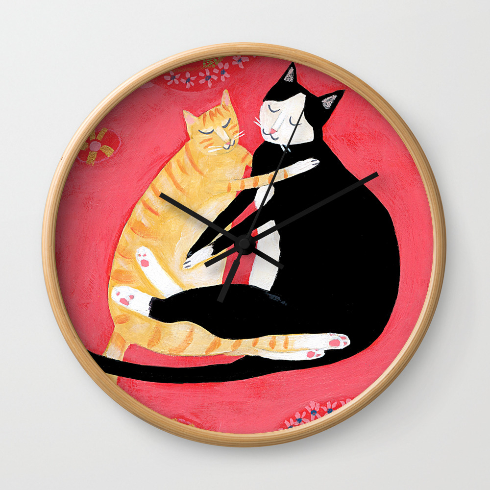 Cats On A Rug Tuxedo Cat And Orange Tabby By Tascha Wall Clock By