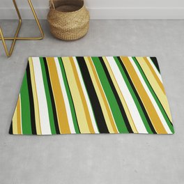 [ Thumbnail: Colorful Goldenrod, Tan, Black, Forest Green & White Colored Stripes Pattern Rug ]