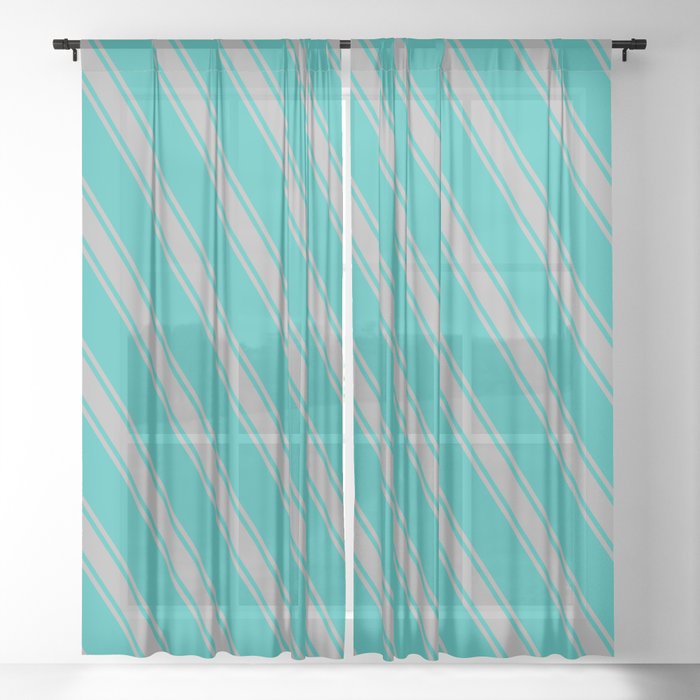 Light Sea Green & Dark Gray Colored Stripes Pattern Sheer Curtain
