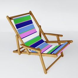 [ Thumbnail: Cornflower Blue, Lime Green, Violet, Dark Blue & White Colored Stripes/Lines Pattern Sling Chair ]