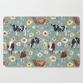 Cows and Flowers on Country Blue, Yellow Flowers, Cow Floral, Pink Flowers Cutting Board