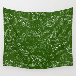 Green and White Toys Outline Pattern Wall Tapestry