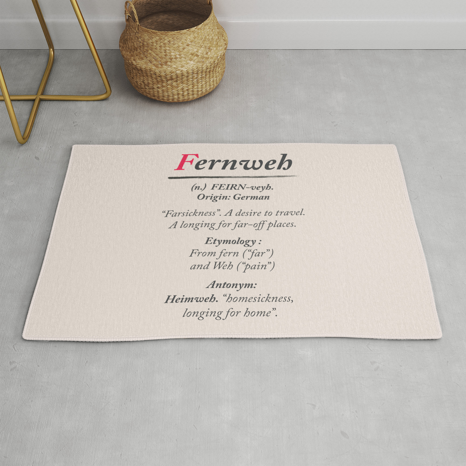 Fernweh, dictionary definition, word meaning illustration, etymology,  desire to travel, farsickness Rug by Stefanoreves | Society6