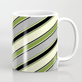[ Thumbnail: Dark Grey, Green, Light Yellow, and Black Colored Lined Pattern Coffee Mug ]