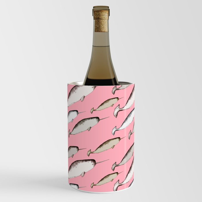 Narwhal Whales - Narwhal Whale Pattern Watercolor Illustration Pink Wine Chiller