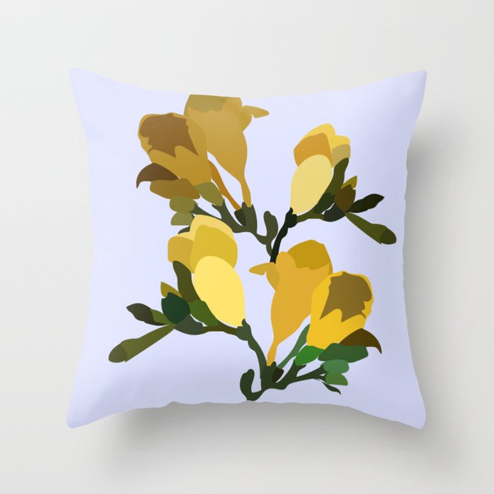 Freesias - Yellow Minimalistic Flower Art Pattern on Blue Throw Pillow