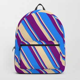 [ Thumbnail: Blue, Tan, and Purple Colored Striped Pattern Backpack ]