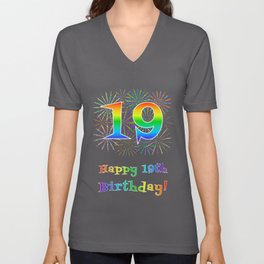 [ Thumbnail: 19th Birthday - Fun Rainbow Spectrum Gradient Pattern Text, Bursting Fireworks Inspired Background V Neck T Shirt V-Neck T-Shirt ]