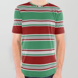 [ Thumbnail: Sea Green, Dark Grey, Dark Red, and Light Grey Colored Lined/Striped Pattern All Over Graphic Tee ]